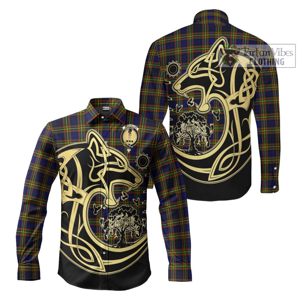 McClellan Modern Tartan Long Sleeve Button Shirt with Family Crest Celtic Wolf Style Men's Shirt S - Tartan Vibes Clothing
