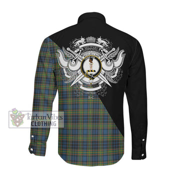 McClelland Ancient Tartan Long Sleeve Button Shirt with Family Crest and Military Logo Style Men's Shirt - Tartanvibesclothing Shop