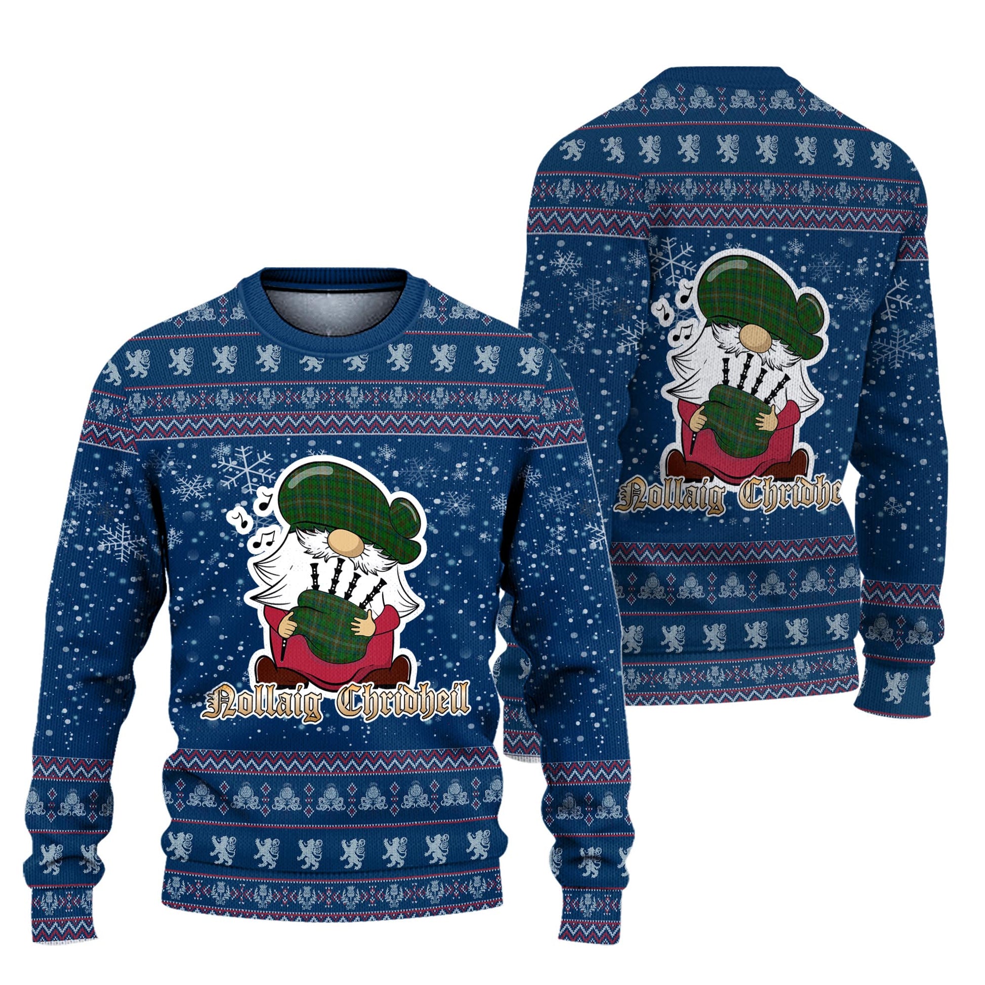 McClure Hunting Clan Christmas Family Knitted Sweater with Funny Gnome Playing Bagpipes Unisex Blue - Tartanvibesclothing