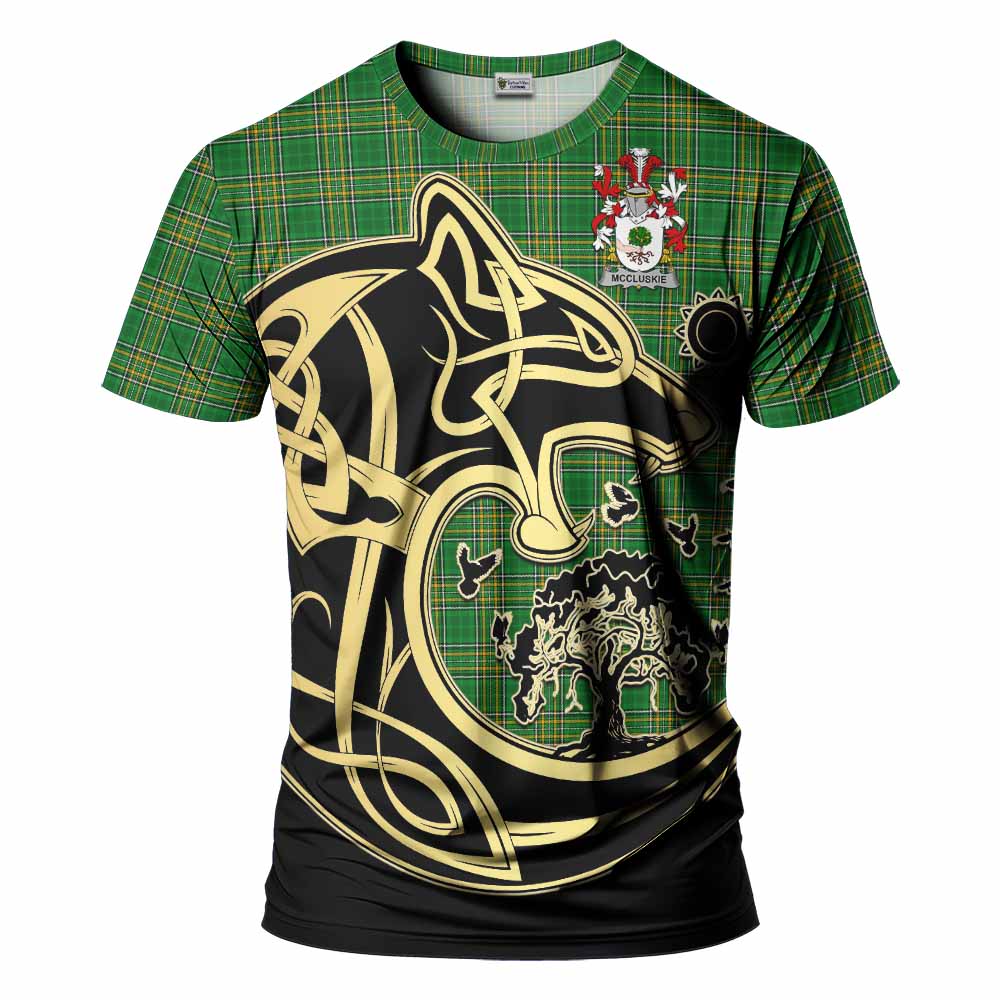 Tartan Vibes Clothing McCluskie Irish Tartan T-Shirt with Coat of Arms Celtic Wolf Style
