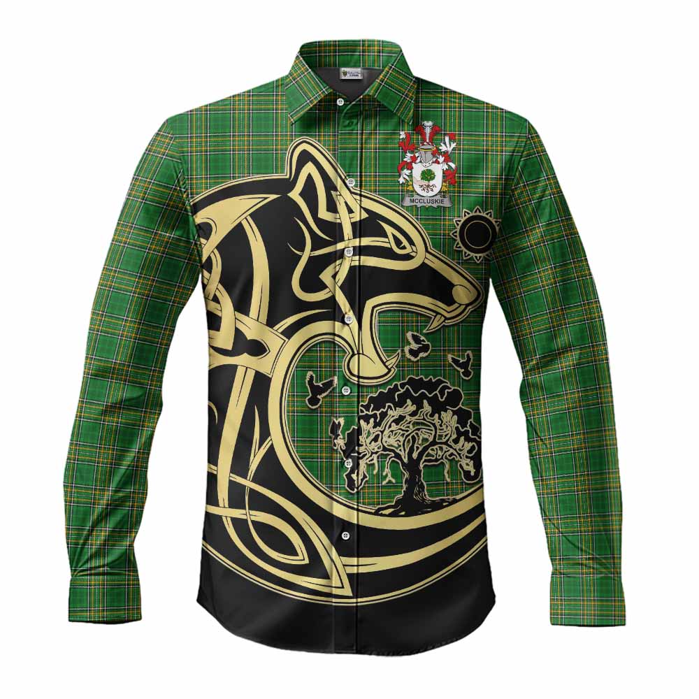 Tartan Vibes Clothing McCluskie Irish Tartan Long Sleeve Button Shirt with Coat of Arms Celtic Wolf Style