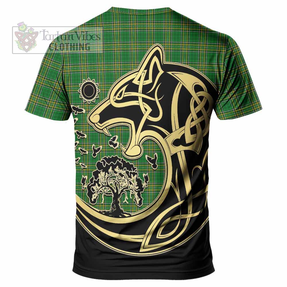 Tartan Vibes Clothing McCluskie Irish Tartan T-Shirt with Coat of Arms Celtic Wolf Style