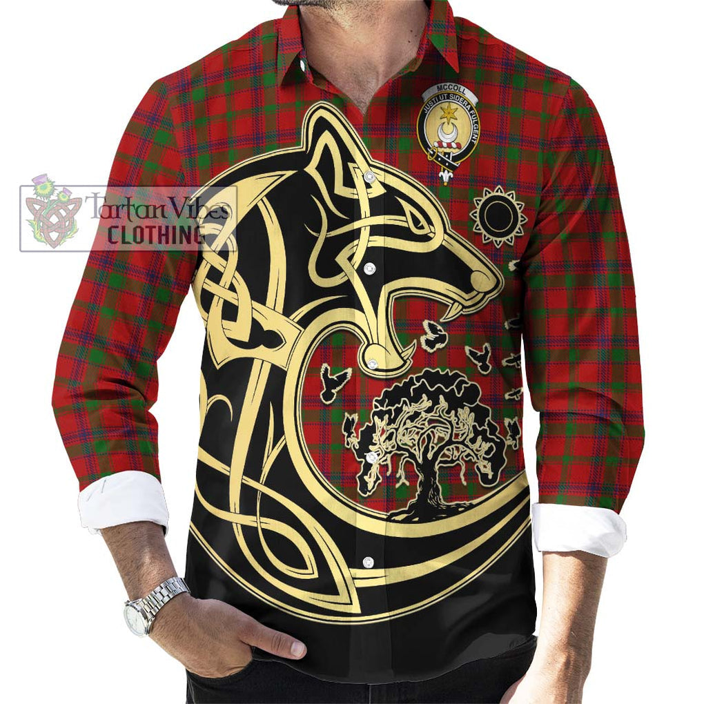 McColl Tartan Long Sleeve Button Shirt with Family Crest Celtic Wolf Style - Tartan Vibes Clothing