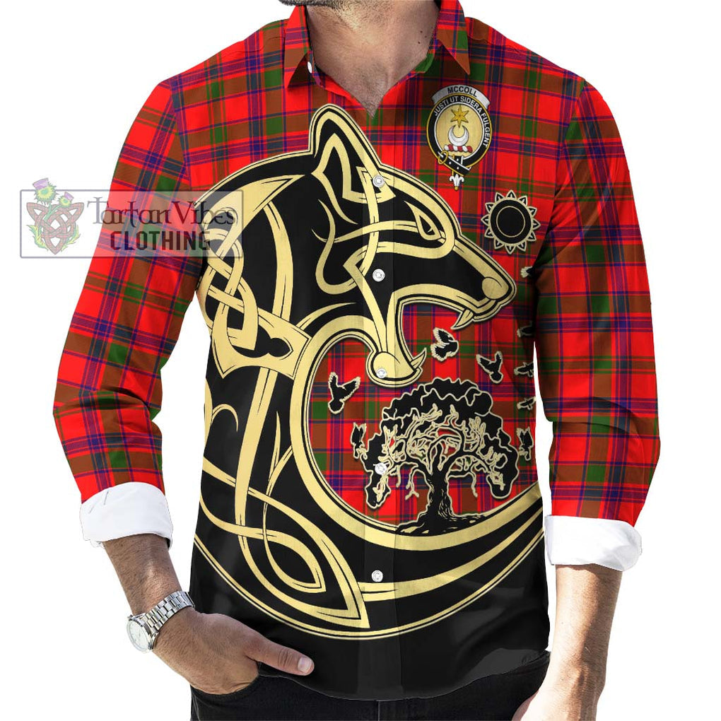 McColl Modern Tartan Long Sleeve Button Shirt with Family Crest Celtic Wolf Style - Tartan Vibes Clothing