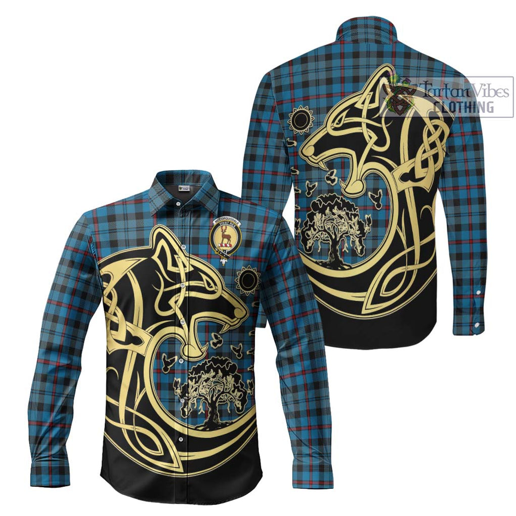 McCorquodale Tartan Long Sleeve Button Shirt with Family Crest Celtic Wolf Style Men's Shirt S - Tartan Vibes Clothing