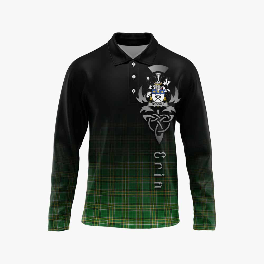 Tartan Vibes Clothing McCourt Irish Clan Long Sleeve Polo Shirt with Coat of Arms Erin Go Bragh Celtic Inspired