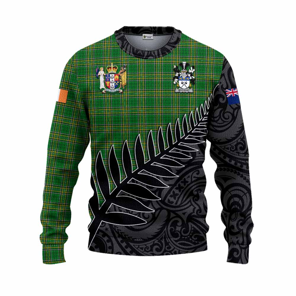 Tartan Vibes Clothing McCourt Irish Clan Tartan Knitted Sweater with Coat of Arms New Zealand Silver Fern Half Style