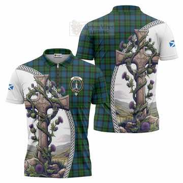 McCoy Tartan Zipper Polo Shirt with Family Crest and St. Andrew's Cross Accented by Thistle Vines Unisex - Tartan Vibes Clothing