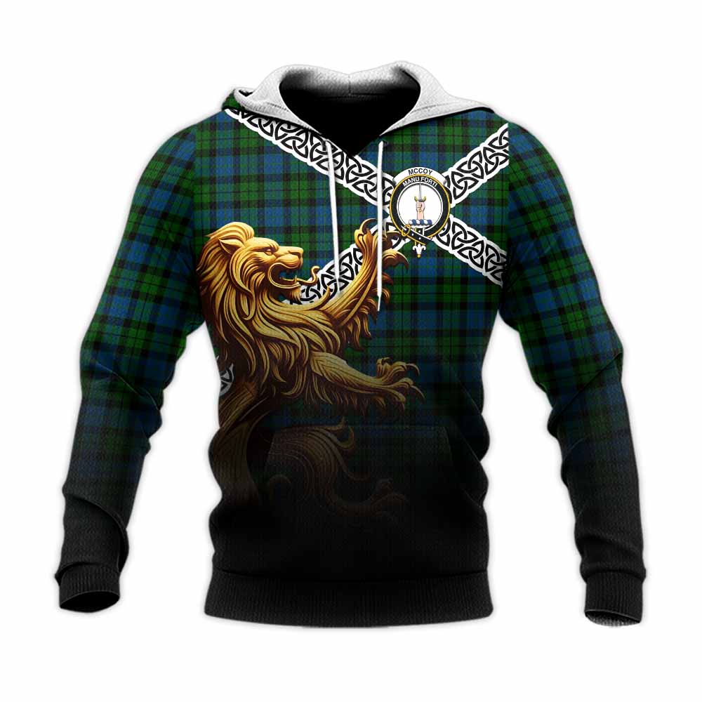McCoy Crest Tartan Knitted Hoodie with Golden Lion Emblem Celtic Style Unisex Knitted Pullover Hoodie - Tartan Vibes Clothing