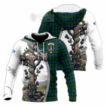 McCoy Tartan Knitted Hoodie with Family Crest and St. Andrew's Cross Accented by Thistle Vines