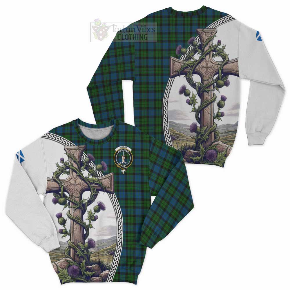 McCoy Tartan Sweatshirt with Family Crest and St. Andrew's Cross Accented by Thistle Vines Unisex - Tartan Vibes Clothing