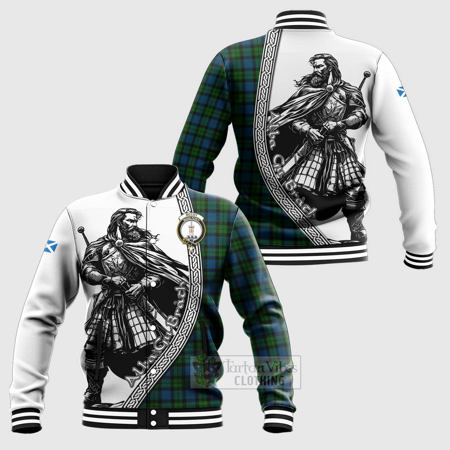 McCoy Tartan Clan Crest Baseball Jacket with Highlander Warrior Celtic Style Unisex - Tartan Vibes Clothing