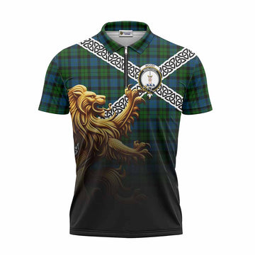 McCoy Crest Tartan Zipper Polo Shirt with Golden Lion Emblem Celtic Style Unisex - Tartan Vibes Clothing