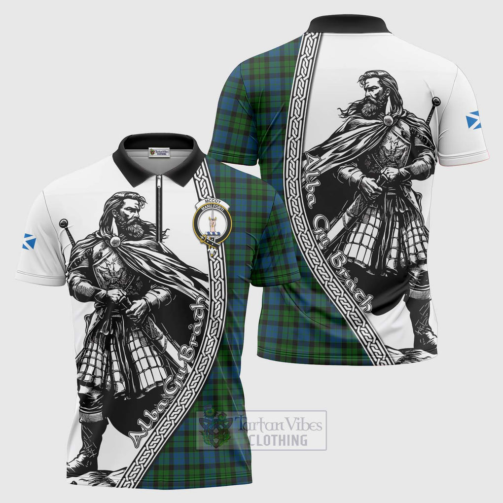 McCoy Tartan Clan Crest Zipper Polo Shirt with Highlander Warrior Celtic Style Unisex - Tartan Vibes Clothing