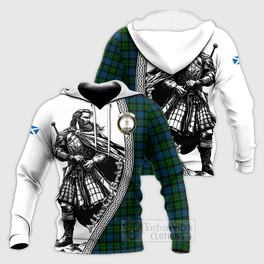 McCoy Tartan Clan Crest Knitted Hoodie with Highlander Warrior Celtic Style Unisex Knitted Pullover Hoodie - Tartan Vibes Clothing