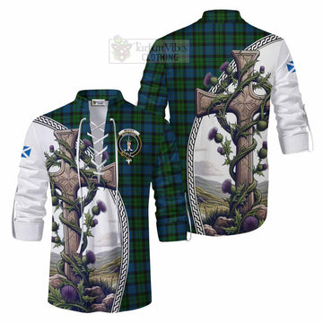 McCoy Tartan Ghillie Kilt Shirt with Family Crest and St. Andrew's Cross Accented by Thistle Vines