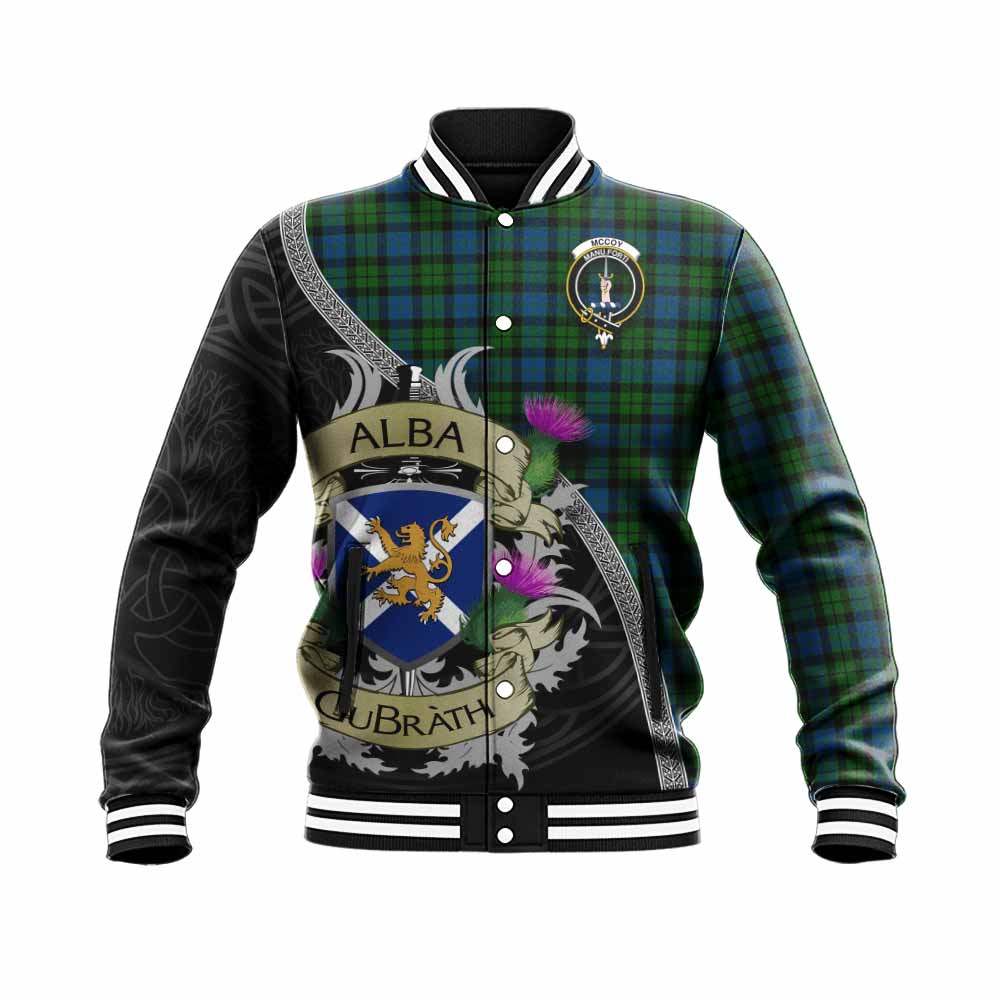 McCoy Tartan Family Crest Baseball Jacket Lion Rampant Royal Thistle Shield Celtic Inspired Unisex - Tartan Vibes Clothing