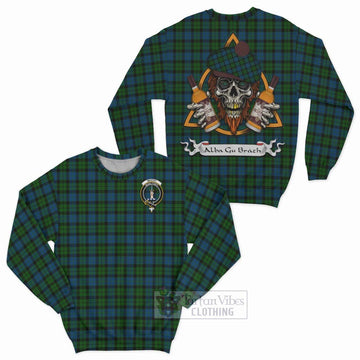 McCoy Tartan Sweatshirt with Family Crest and Bearded Skull Holding Bottles of Whiskey Unisex - Tartan Vibes Clothing