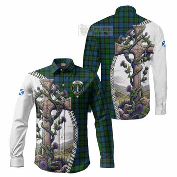 McCoy Tartan Long Sleeve Button Shirt with Family Crest and St. Andrew's Cross Accented by Thistle Vines Men's Shirt S - Tartan Vibes Clothing