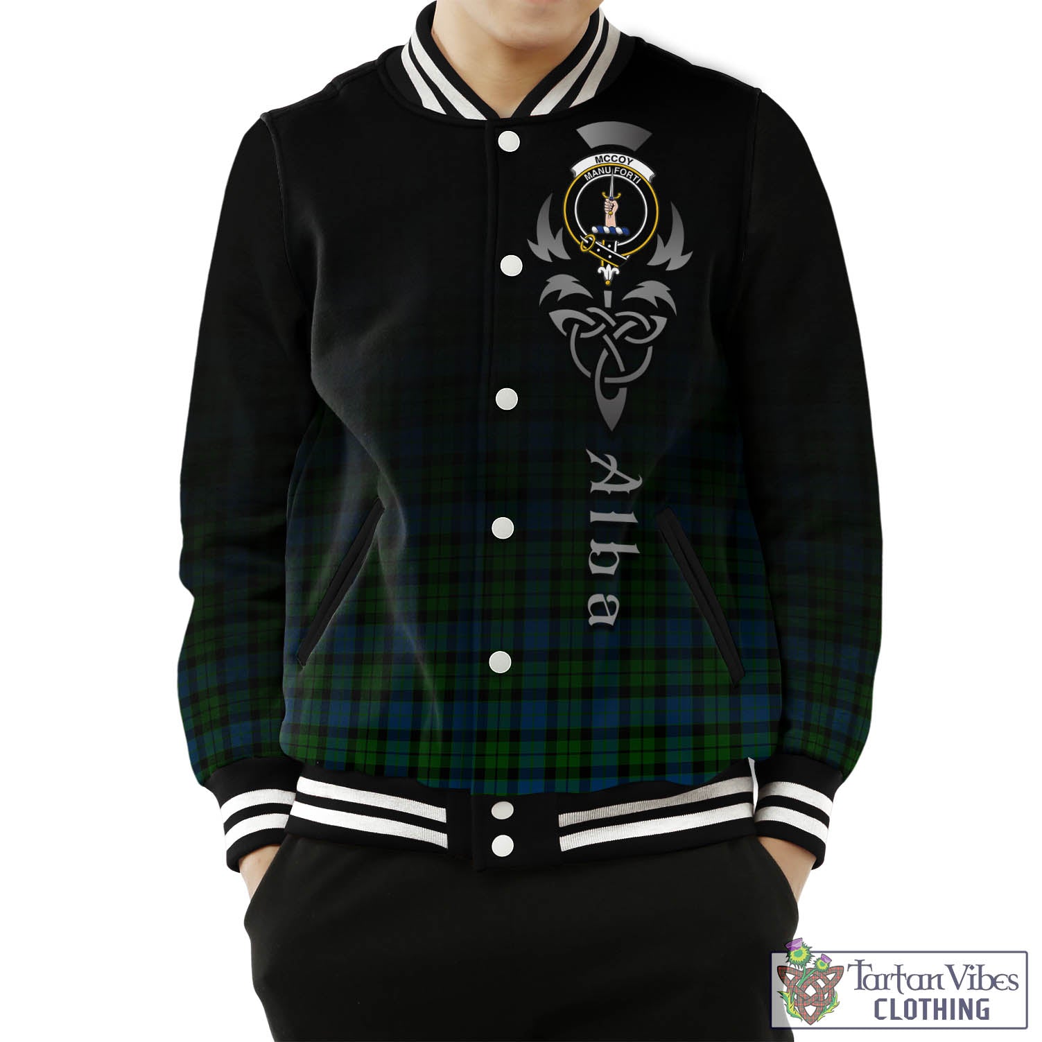 McCoy Tartan Baseball Jacket Featuring Alba Gu Brath Family Crest Celtic Inspired Unisex - Tartan Vibes Clothing