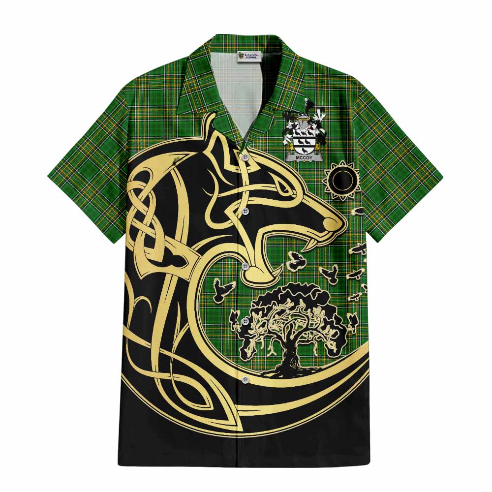 Tartan Vibes Clothing McCoy Irish Tartan Short Sleeve Button Shirt with Coat of Arms Celtic Wolf Style