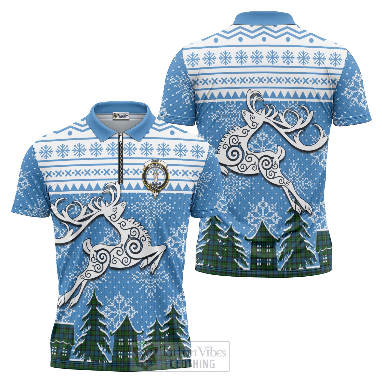 McCoy Clan Christmas Zipper Polo Shirt Celtic Reindeer Style Unisex - Tartan Vibes Clothing