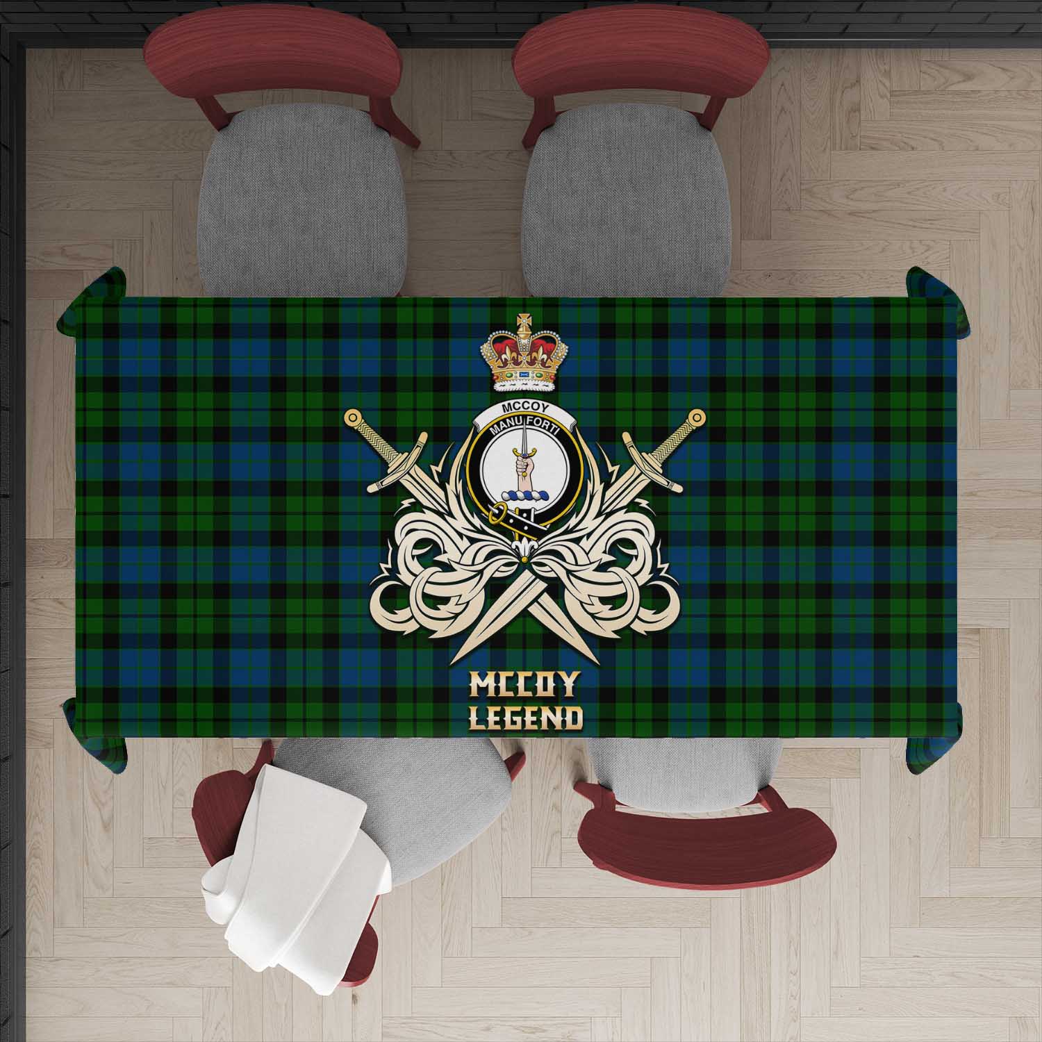 Tartan Vibes Clothing McCoy Tartan Tablecloth with Clan Crest and the Golden Sword of Courageous Legacy
