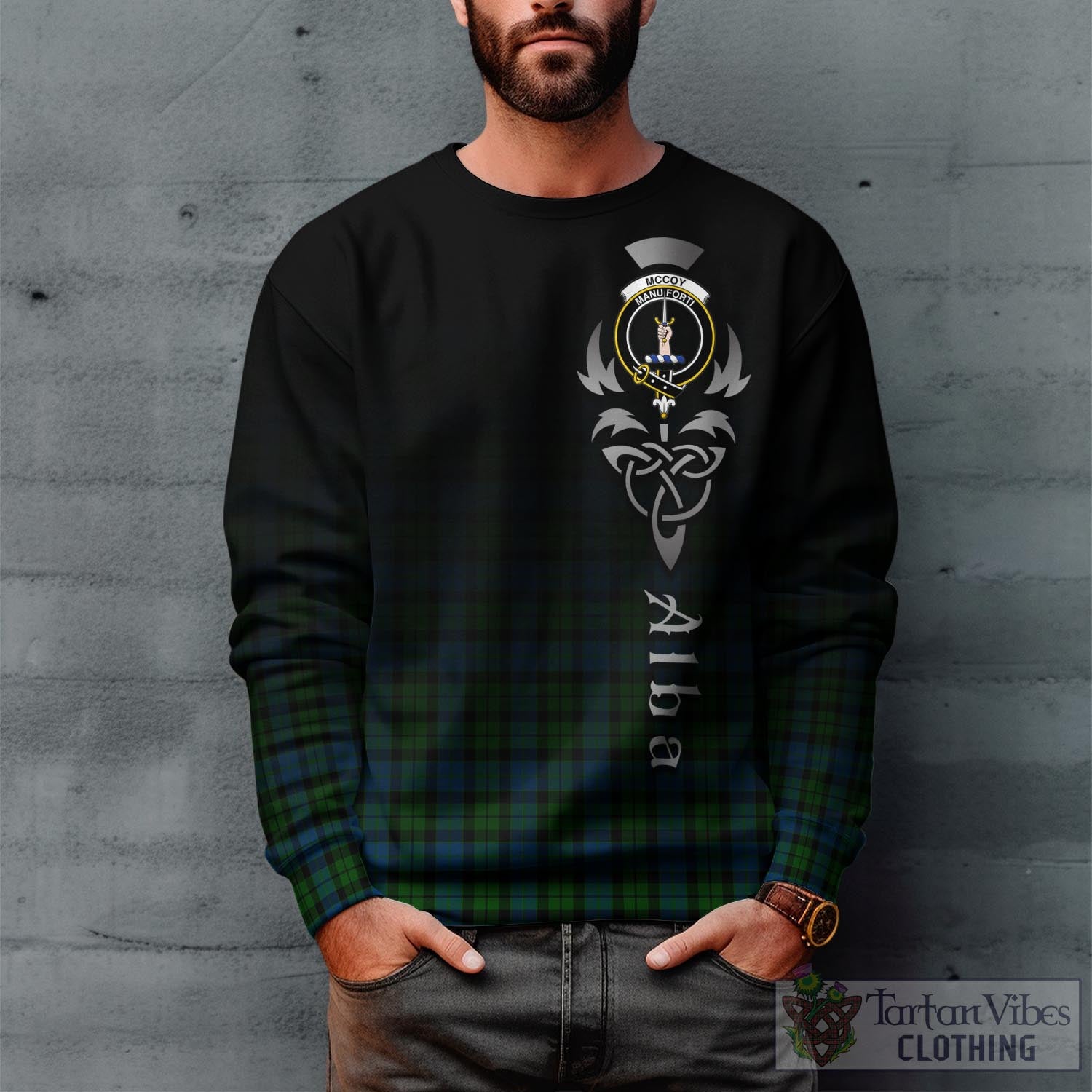 McCoy Tartan Sweatshirt Featuring Alba Gu Brath Family Crest Celtic Inspired Unisex - Tartan Vibes Clothing