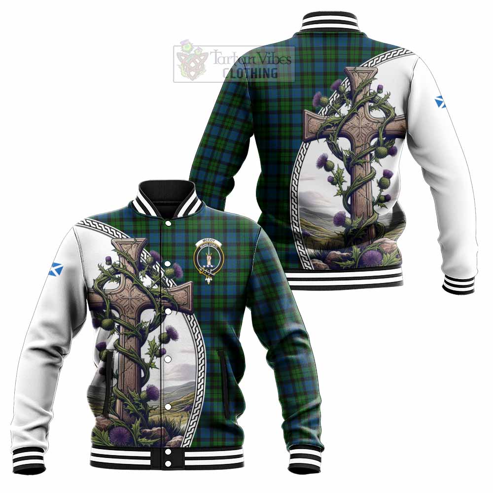 McCoy Tartan Baseball Jacket with Family Crest and St. Andrew's Cross Accented by Thistle Vines Unisex - Tartan Vibes Clothing