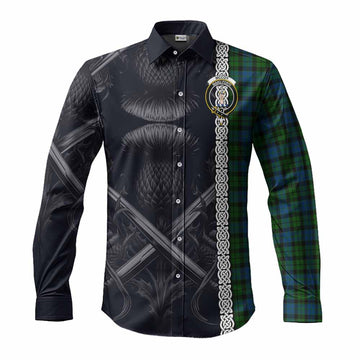 Tartan Vibes Clothing McCoy Tartan Long Sleeve Button Shirt with Family Crest Cross Sword Thistle Celtic Vibes