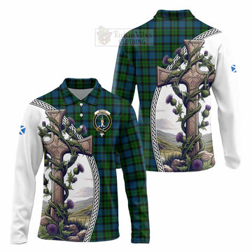 McCoy Tartan Long Sleeve Polo Shirt with Family Crest and St. Andrew's Cross Accented by Thistle Vines