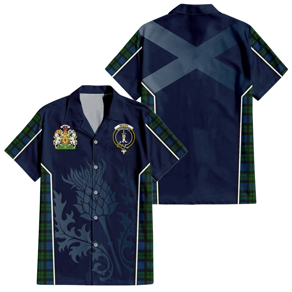 Tartan Vibes Clothing McCoy Tartan Short Sleeve Button Up Shirt with Family Crest and Scottish Thistle Vibes Sport Style