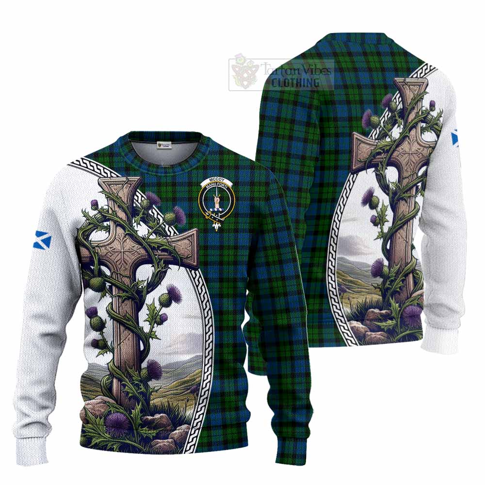McCoy Tartan Knitted Sweater with Family Crest and St. Andrew's Cross Accented by Thistle Vines Unisex - Tartan Vibes Clothing