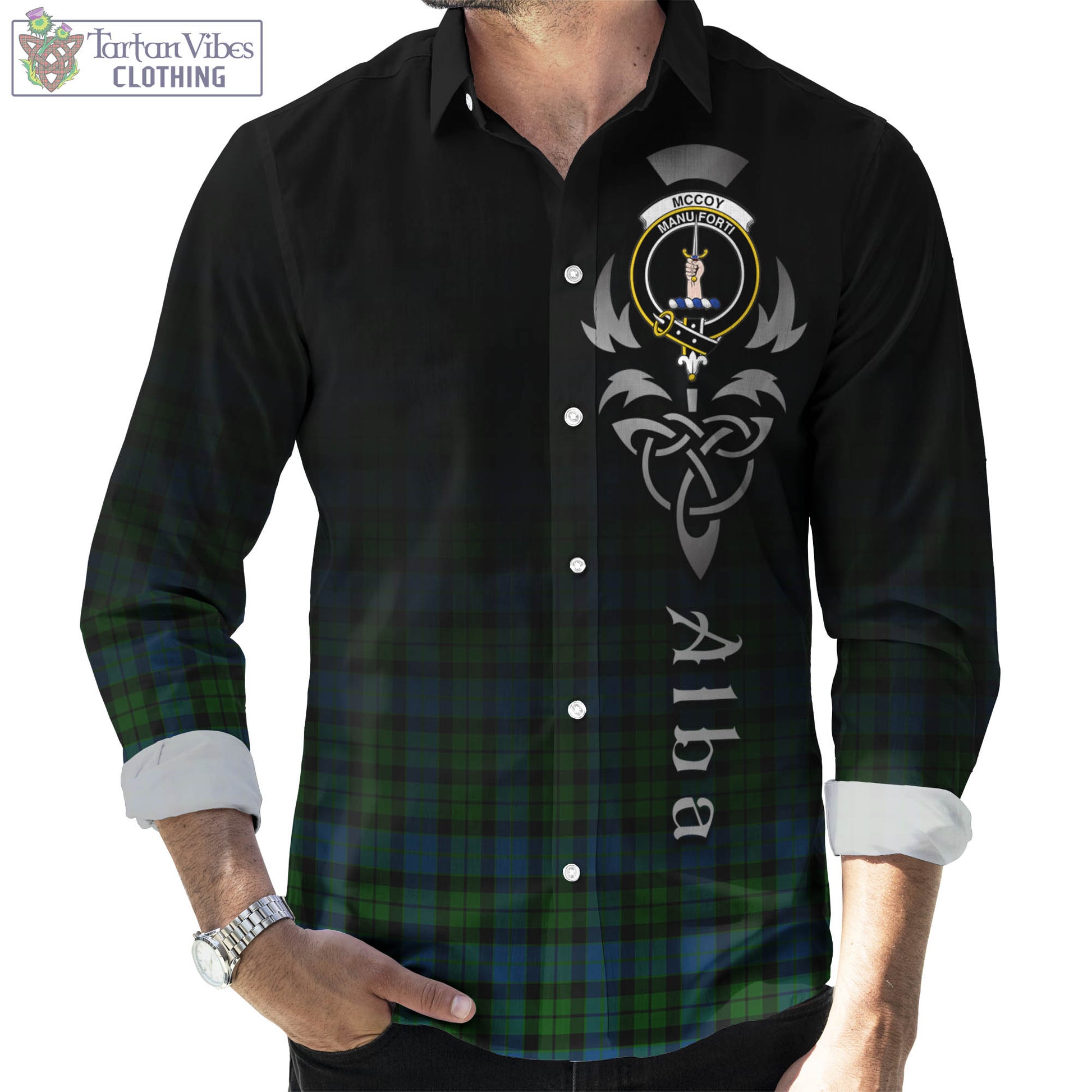 Tartan Vibes Clothing McCoy Tartan Long Sleeve Button Up Featuring Alba Gu Brath Family Crest Celtic Inspired