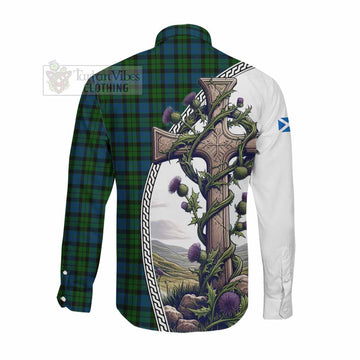 McCoy Tartan Long Sleeve Button Shirt with Family Crest and St. Andrew's Cross Accented by Thistle Vines Men's Shirt - Tartan Vibes Clothing
