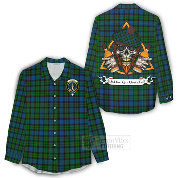 McCoy Tartan Women's Casual Shirt with Family Crest and Bearded Skull Holding Bottles of Whiskey - Tartan Vibes Clothing