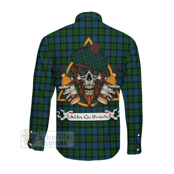 McCoy Tartan Long Sleeve Button Shirt with Family Crest and Bearded Skull Holding Bottles of Whiskey Men's Shirt - Tartan Vibes Clothing
