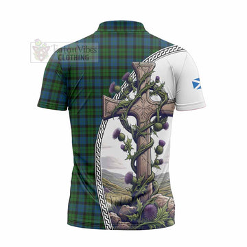 McCoy Tartan Zipper Polo Shirt with Family Crest and St. Andrew's Cross Accented by Thistle Vines - Tartan Vibes Clothing