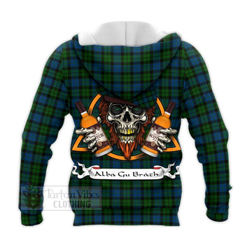 McCoy Tartan Knitted Hoodie with Family Crest and Bearded Skull Holding Bottles of Whiskey - Tartan Vibes Clothing