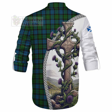 McCoy Tartan Ghillie Kilt Shirt with Family Crest and St. Andrew's Cross Accented by Thistle Vines