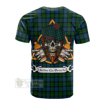 Tartan Vibes Clothing McCoy Tartan Cotton T-shirt with Family Crest and Bearded Skull Holding Bottles of Whiskey