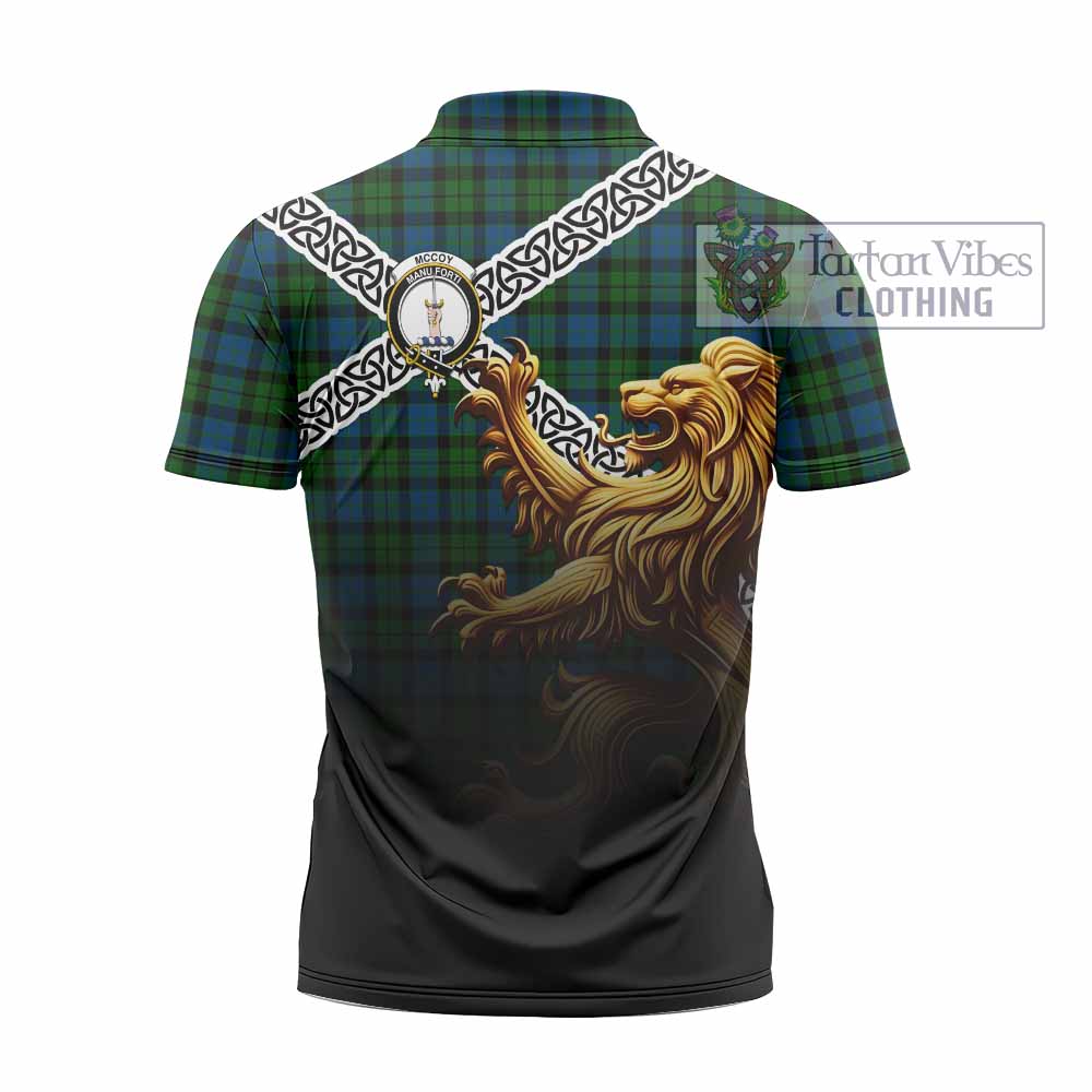 McCoy Crest Tartan Zipper Polo Shirt with Golden Lion Emblem Celtic Style - Tartan Vibes Clothing