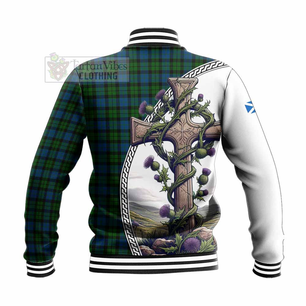McCoy Tartan Baseball Jacket with Family Crest and St. Andrew's Cross Accented by Thistle Vines - Tartan Vibes Clothing