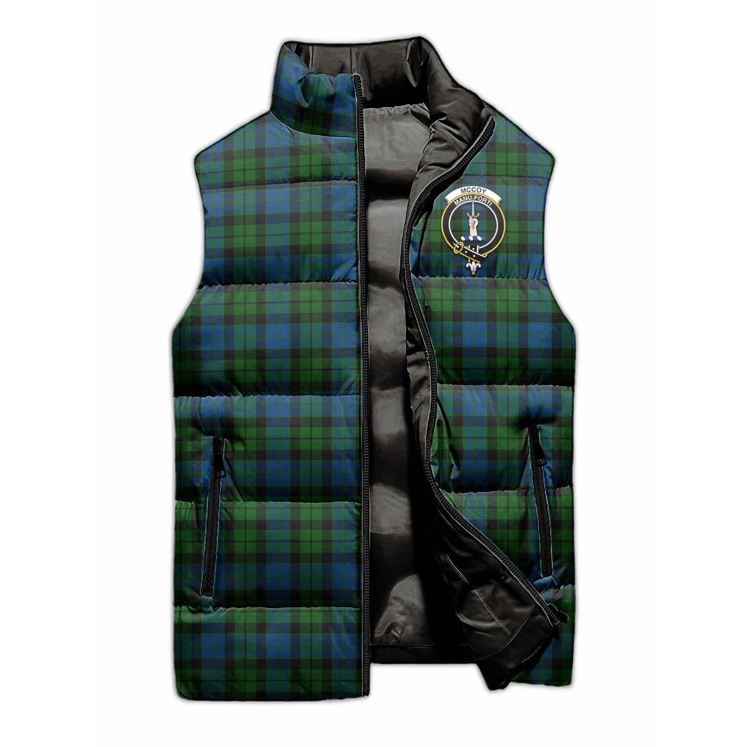 McCoy Tartan Sleeveless Puffer Jacket with Family Crest - Tartan Vibes Clothing