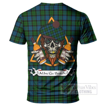 McCoy Tartan T-Shirt with Family Crest and Bearded Skull Holding Bottles of Whiskey - Tartan Vibes Clothing