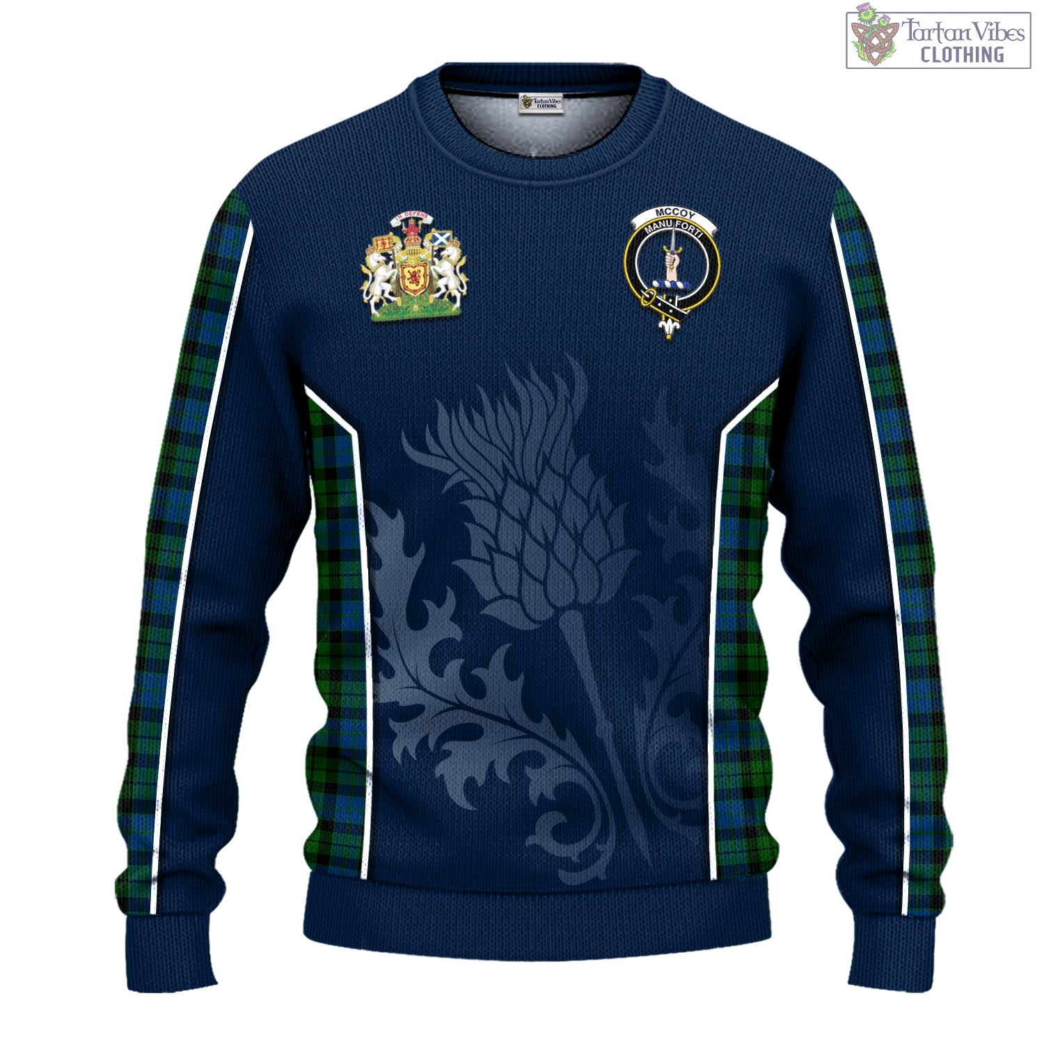 McCoy Tartan Knitted Sweatshirt with Family Crest and Scottish Thistle Vibes Sport Style - Tartan Vibes Clothing