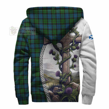 McCoy Tartan Sherpa Hoodie with Family Crest and St. Andrew's Cross Accented by Thistle Vines - Tartan Vibes Clothing