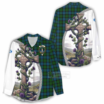 McCoy Tartan Women's Casual Shirt with Family Crest and St. Andrew's Cross Accented by Thistle Vines