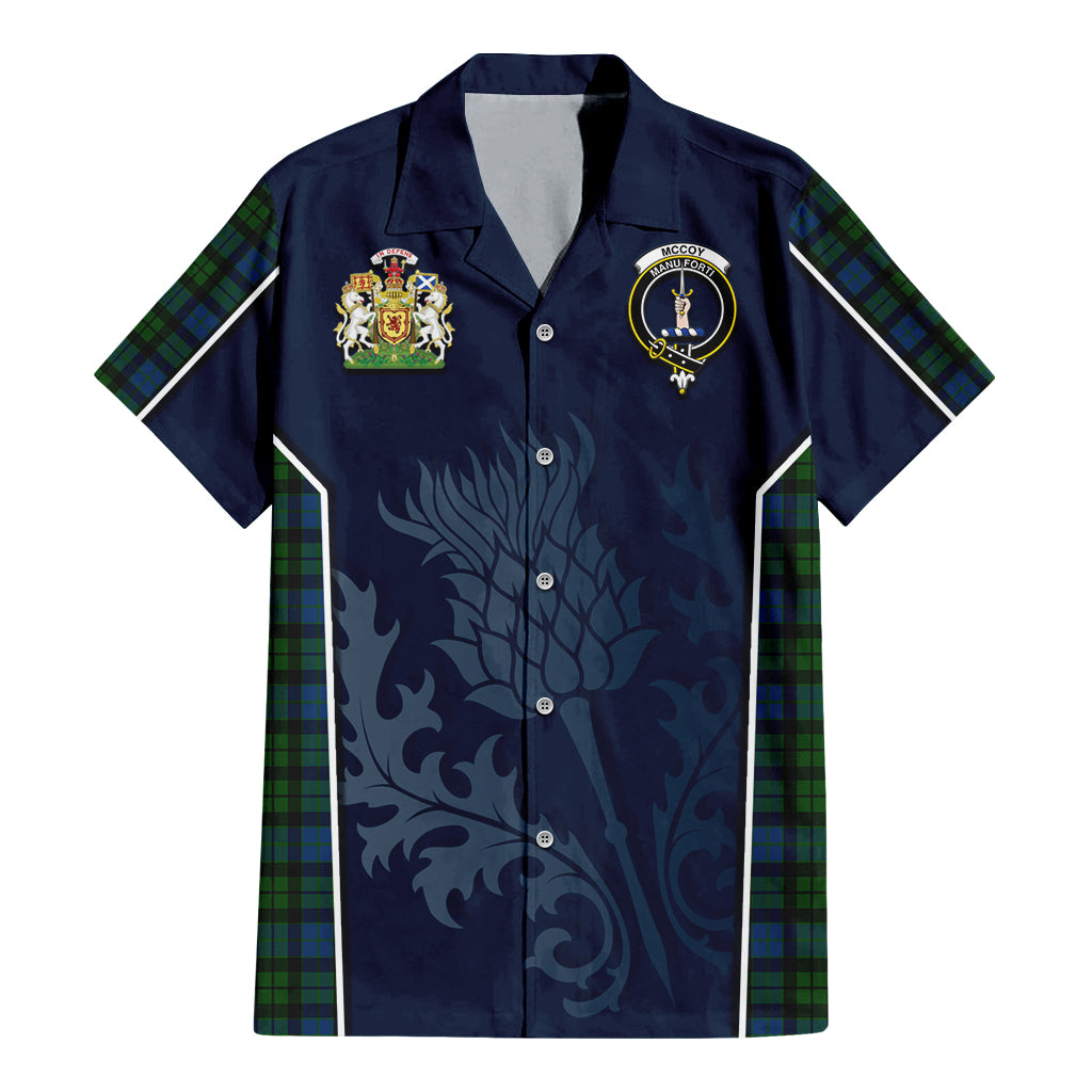 Tartan Vibes Clothing McCoy Tartan Short Sleeve Button Up Shirt with Family Crest and Scottish Thistle Vibes Sport Style