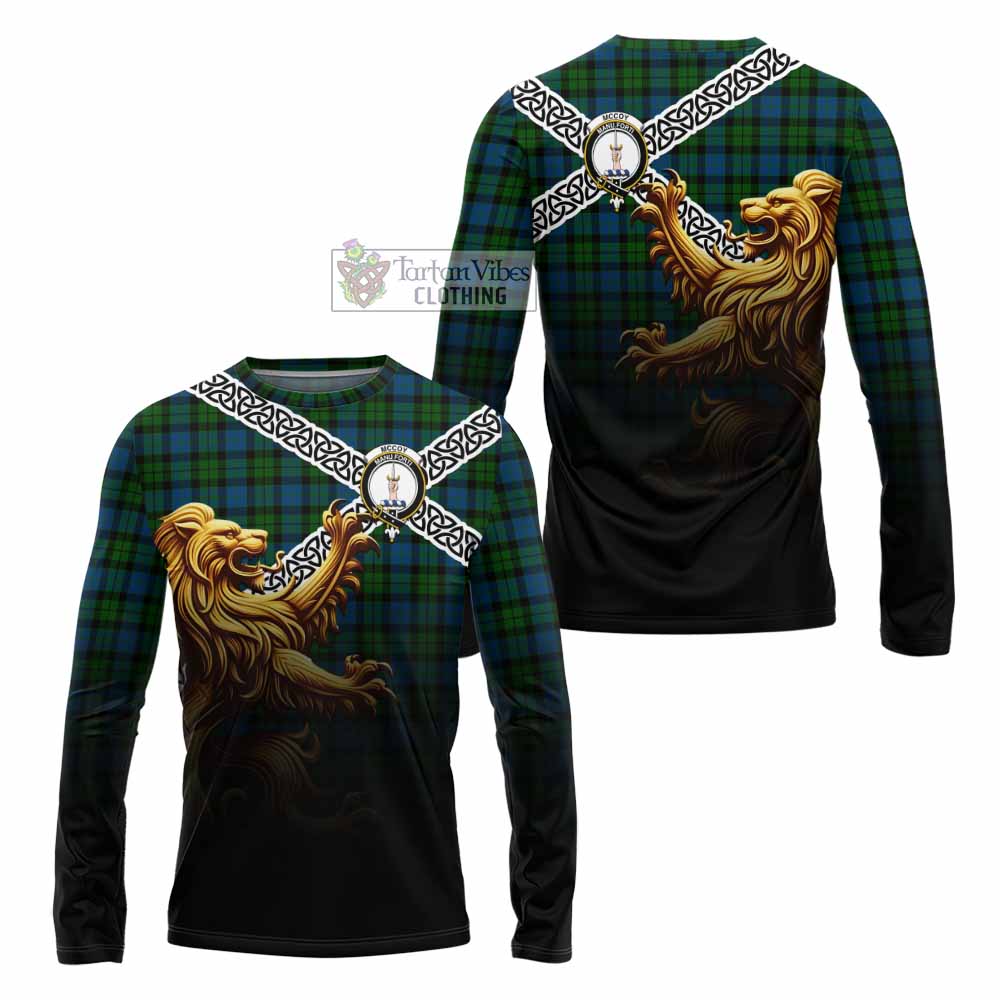 McCoy Crest Tartan Long Sleeve T-Shirt with Golden Lion Emblem Celtic Style - Tartan Vibes Clothing